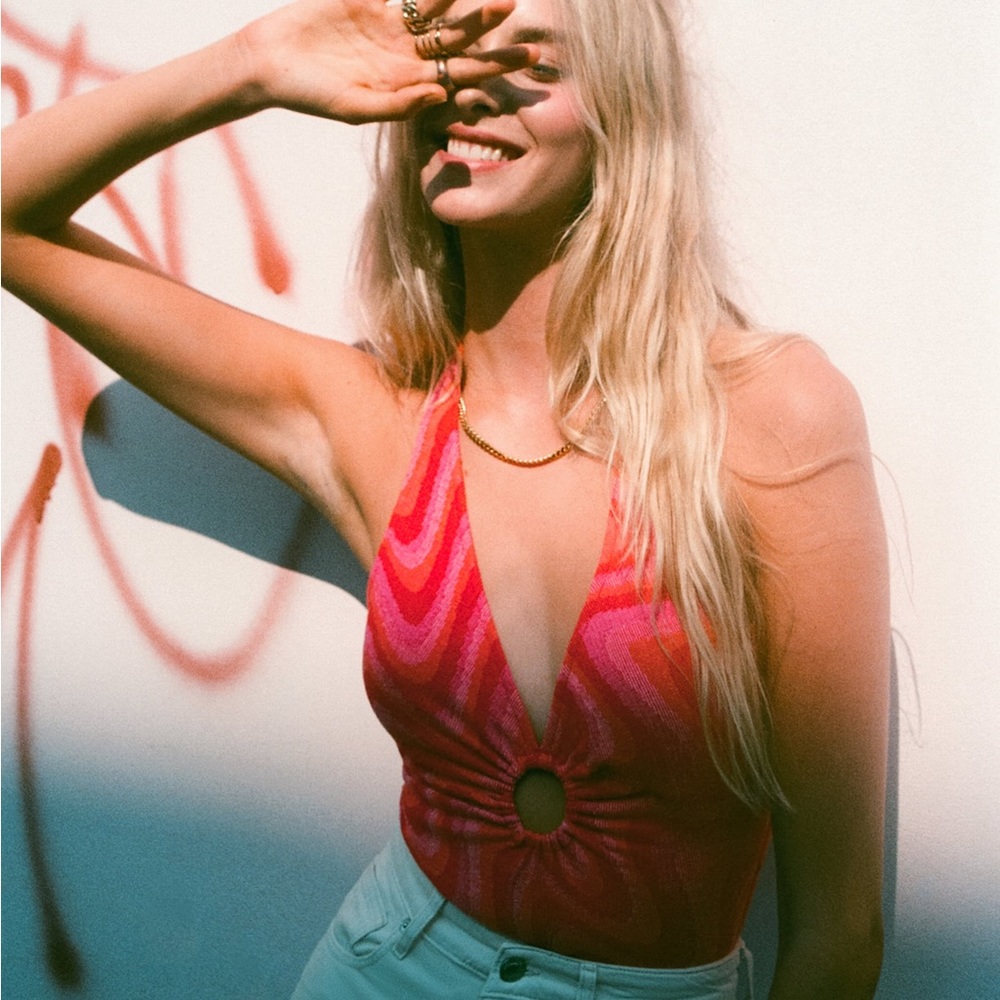 ZARA Cut Out Jacquard Pink Disco Bodysuit